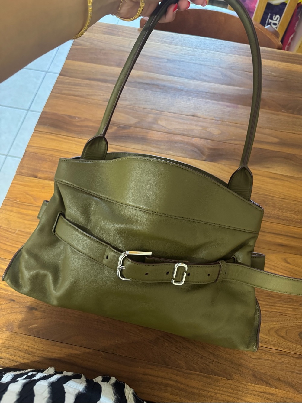Marc Jacobs the Dakota Satchel Olive Green Leather Shoulder Bag with Belt Detail